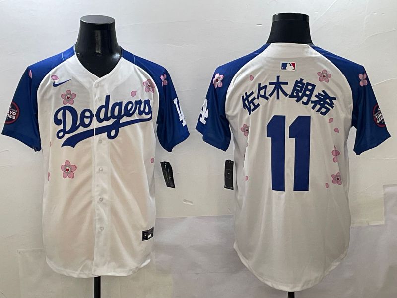 Men Los Angeles Dodgers #11 R.Sasaki White Blue Sakura Edition 2025 Nike MLB Jersey style 1
